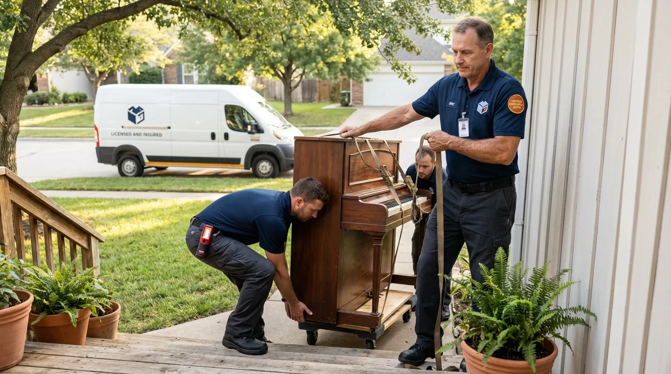 Licensed piano movers securing grand piano in Colorado City, TX