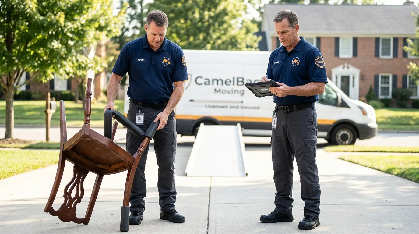 Movers inspecting furniture for damage prevention before loading in Colorado City, TX