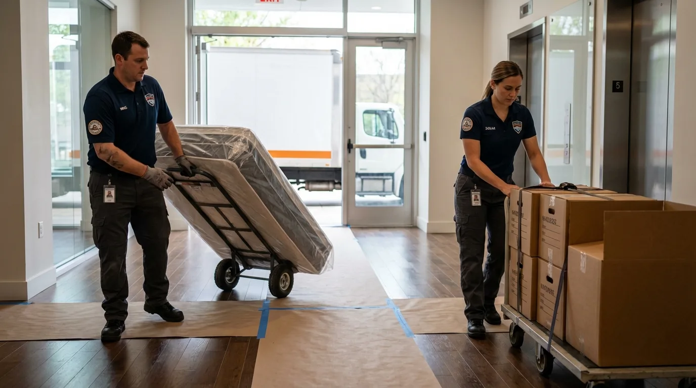 Professional apartment movers loading elevator in Colorado City, TX