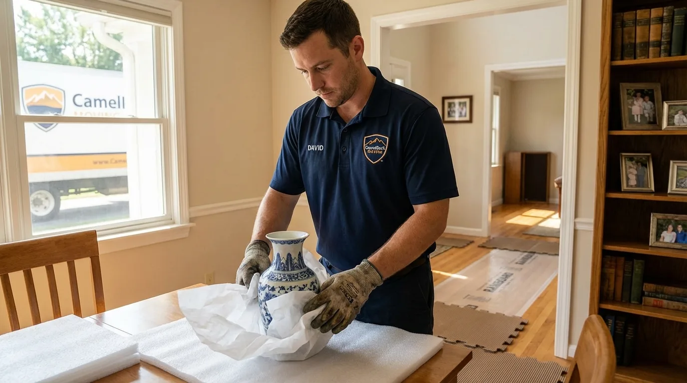 Professional crew carefully wrapping antique vase for senior downsizing move in Colorado City, TX